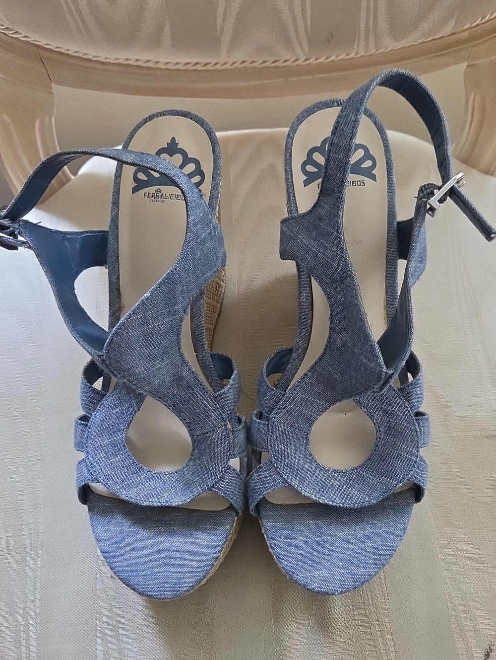 Fergalicious Denim-Look Cutout Slingback Wedge Sandals - Blue